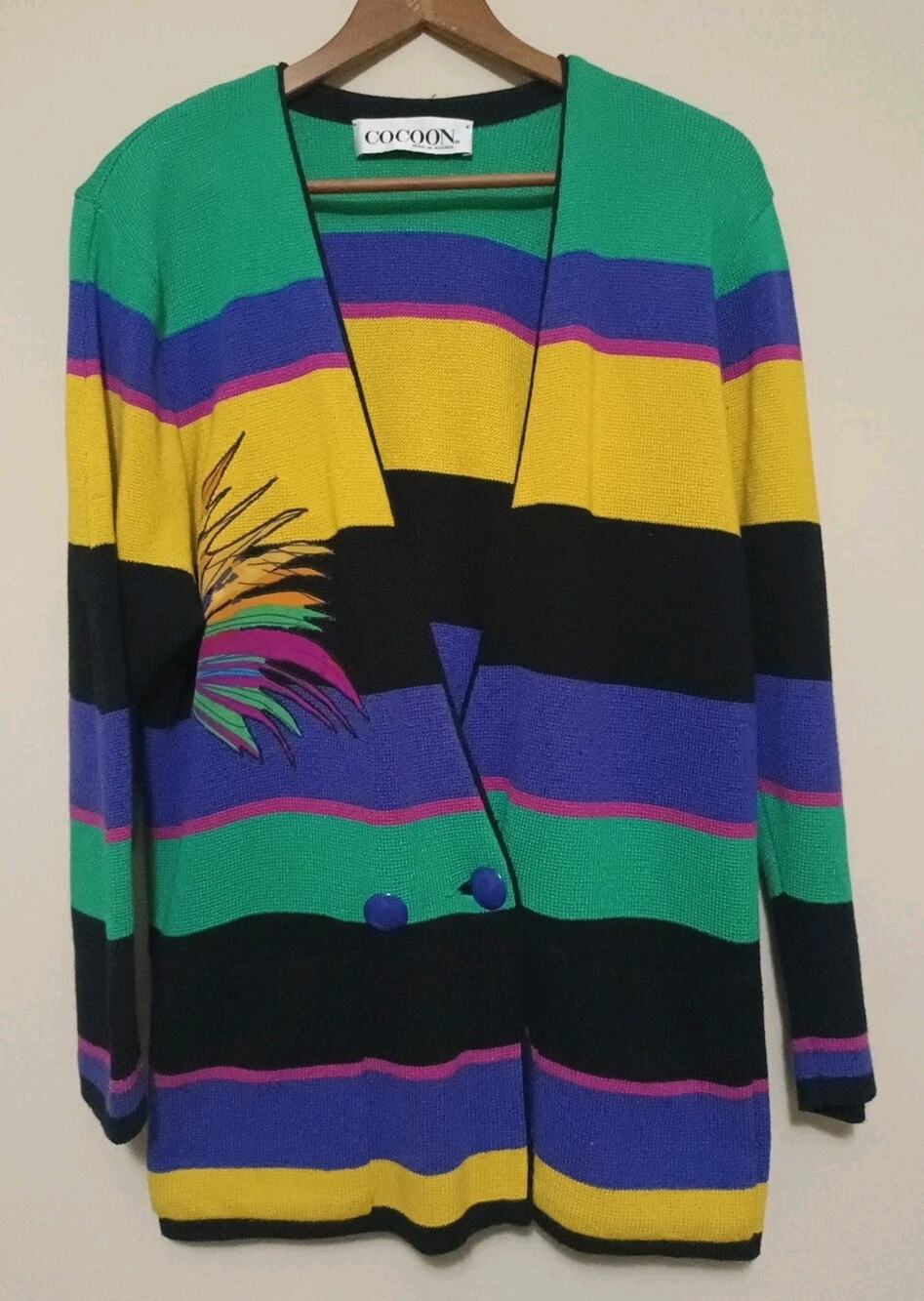 VTG 80s Multicolor Striped Knit Cardigan Sweater Made in Austria 10